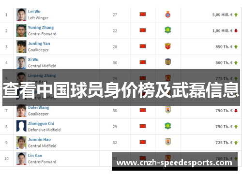 查看中国球员身价榜及武磊信息
