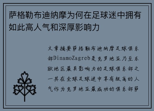 萨格勒布迪纳摩为何在足球迷中拥有如此高人气和深厚影响力